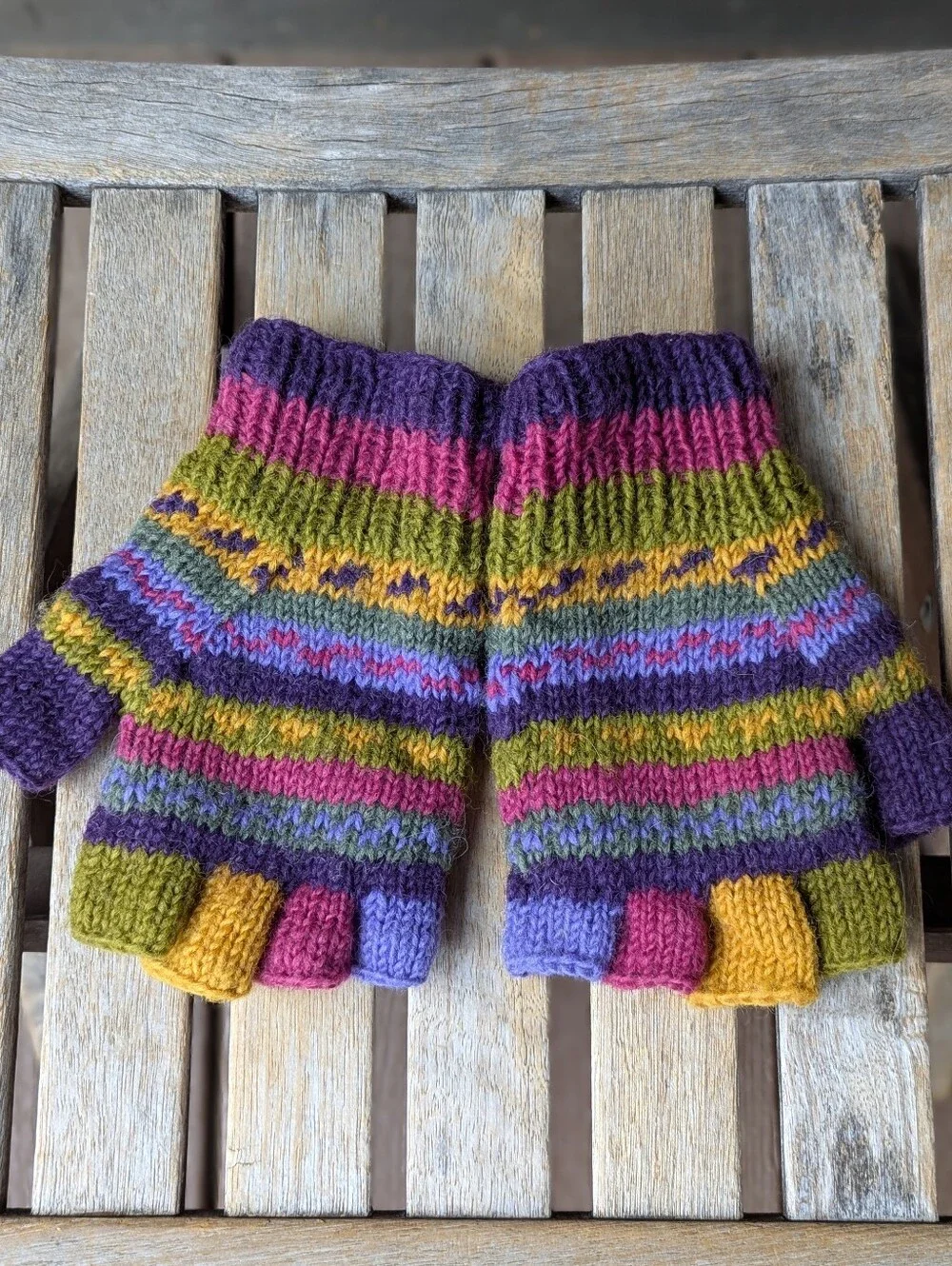 NWOT Lunie Va Colorful Wool Fingerless Gloves Purple Pink Green Fleece Lined